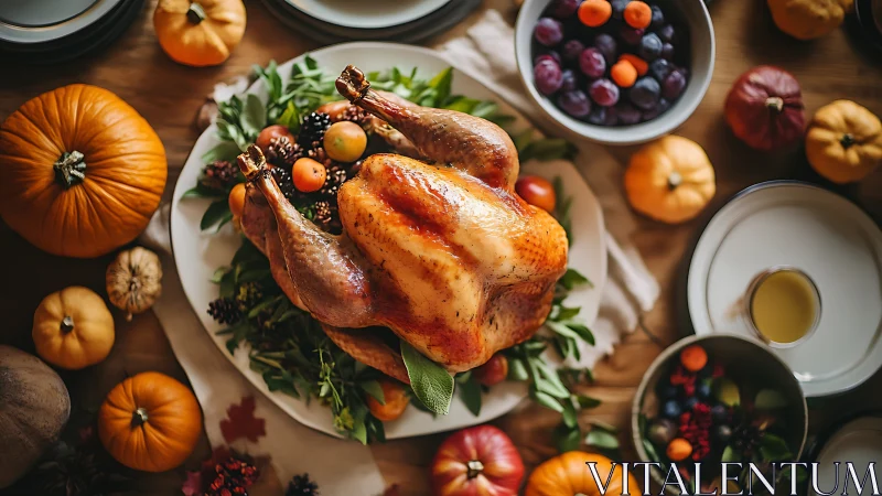 Photorealistic roast turkey centerpiece with autumnal tablescape.