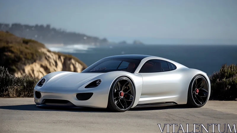 Futuristic silver sports coupé on coastal cliff road.
