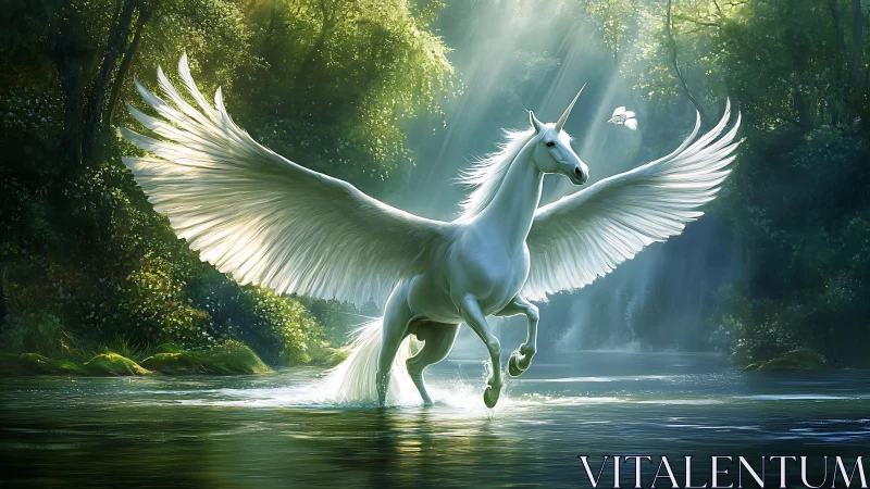 Winged unicorn standing in forest river under shafted light.