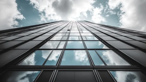 Glass skyscraper facade reflecting sky and clouds upward.