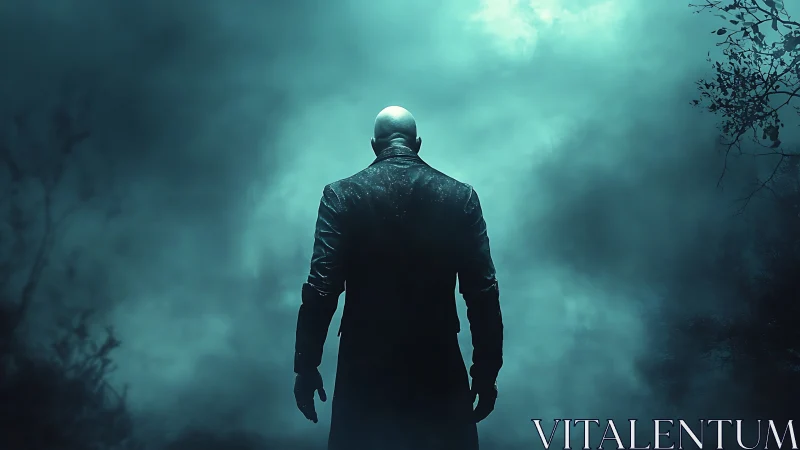 Solitary bald figure in long coat within dense fog bank.