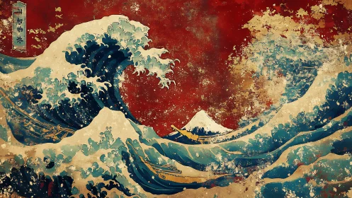 Red sky seascape with stylized waves and distant volcano.