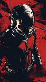 Crimson-slashed micro hero stalks through shadowed chaos.