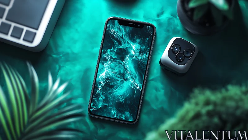 Smartphone on teal desk with modular triple camera unit.