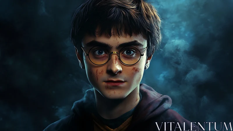 Young wizard stands defiant in swirling blue mist