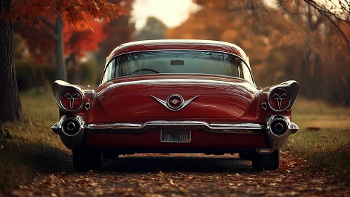 Rear view of vintage red car parked on rural path
