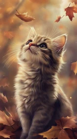 Curious Kitten Watching Autumn Leaves Fall.