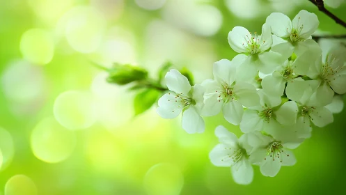 Delicate White Blossoms in Soft Green Bokeh Environment.