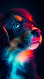 Puppy portrait under neon rim light, hypercolored fur glow.
