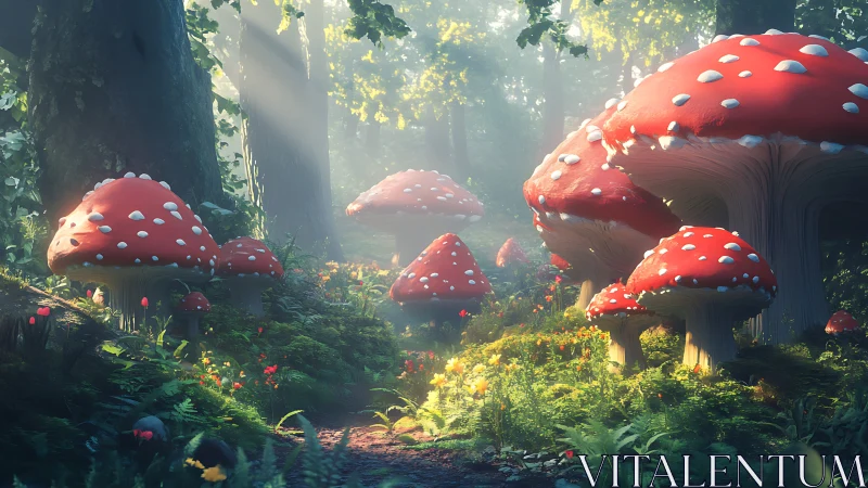 Sunlit forest path lined with giant red toadstool homes.