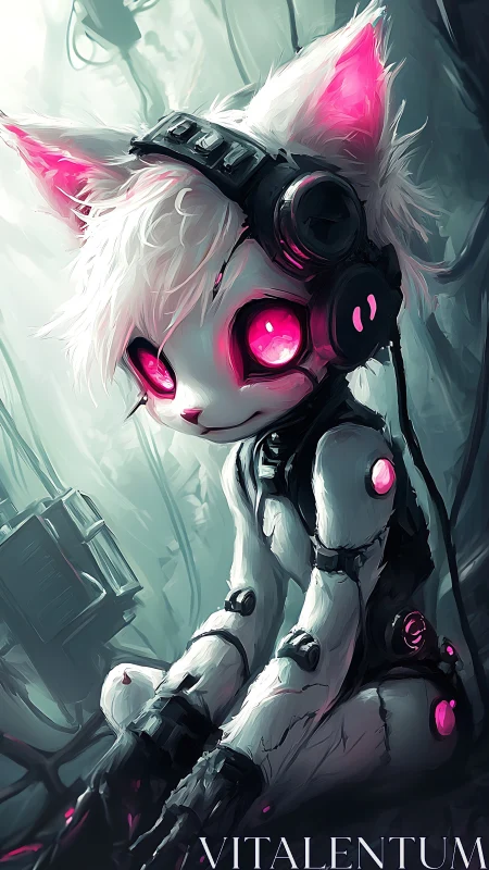 Neon eyed robo kitty quietly rests in a misty cyber lab