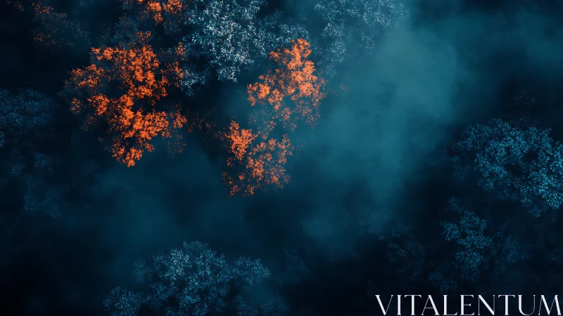 Neon fractal forest canopy in deep teal atmospheric haze.