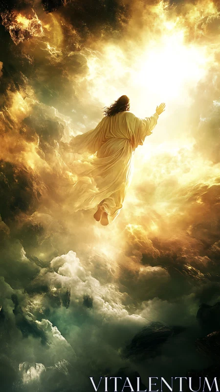Radiant robed figure ascends through volumetric clouds toward light
