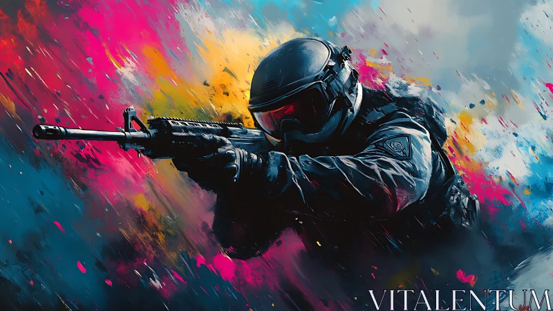 Tactical operator in chromatic ballistics surge, mid-engagement.