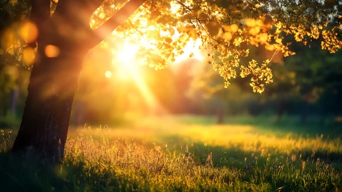 Backlit tree in warm evening sunlight over meadow field.