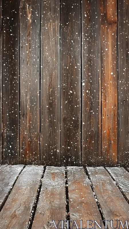 Weathered vertical wood planks with oblique snowy floor plane