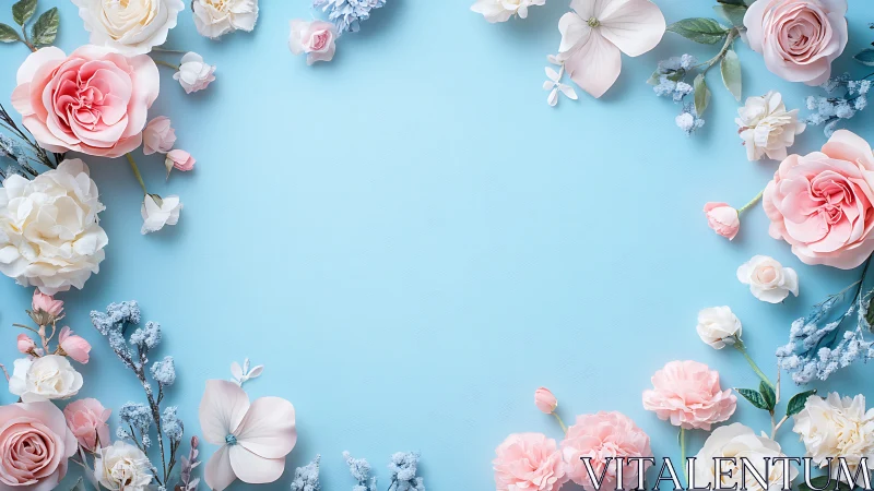 Pastel floral border frames negative space on blue background