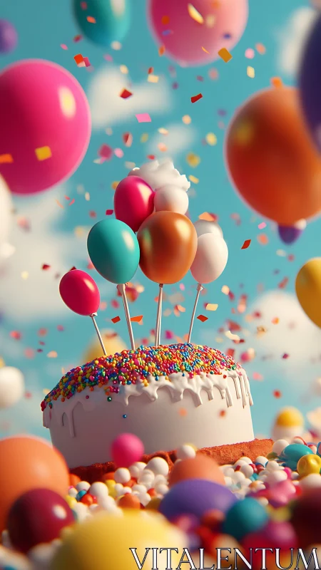 Celebratory Birthday Cake with Floating Balloons and Confetti.