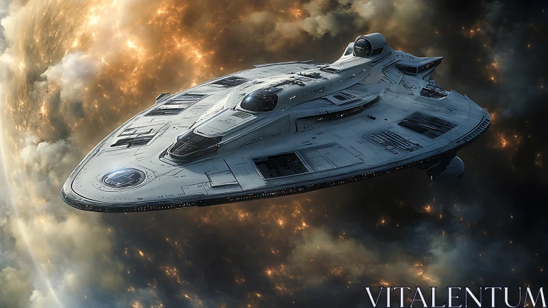 Futuristic starship cruises past glowing planet in deep space