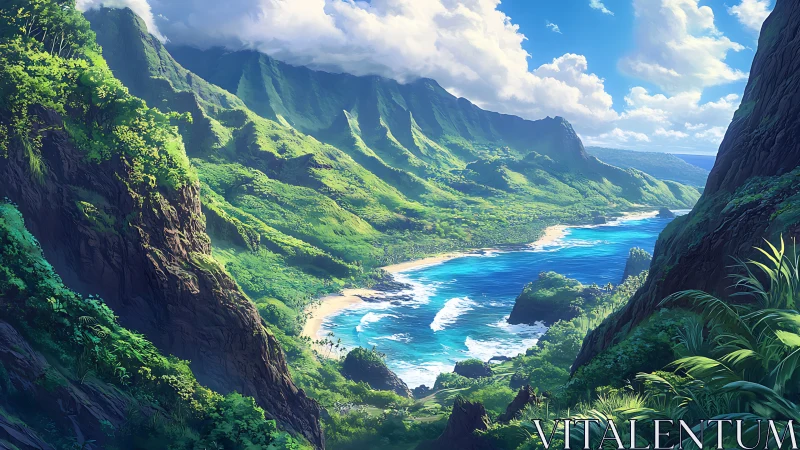 Verdant Coastal Canyon with Turquoise Waters.