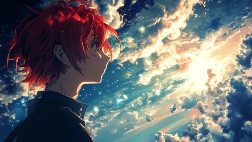 Red haired youth gazes toward blazing celestial sunrise sky