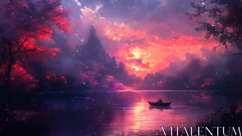 Rowboat drifts across glowing lake under vivid sunset sky