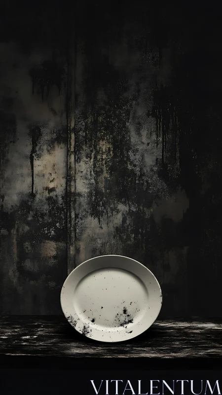 Empty ceramic plate in high-contrast chiaroscuro against distressed wall.
