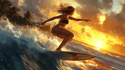 Sunlit female surfer carving dynamic wave at tropical sunset