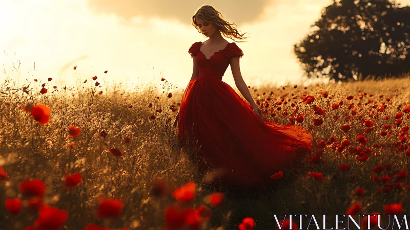 Woman in flowing red dress walking through poppy field.