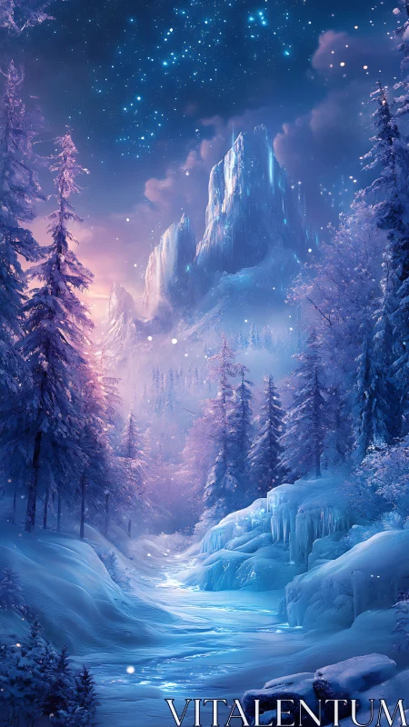 Frozen mountain valley under starry winter night sky.