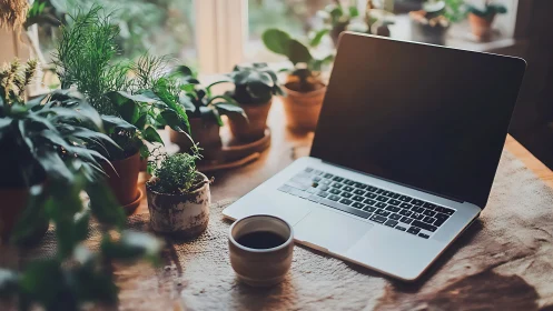 Sunlit laptop workspace amid lush indoor houseplants.