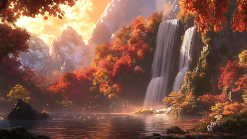 Autumn waterfall cascades through glowing mountain valley.