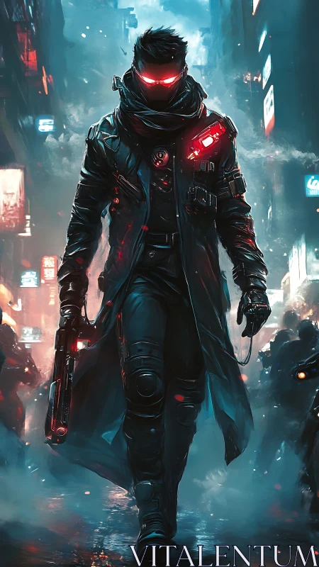 Cyberpunk vigilante strides through neon-soaked city streets