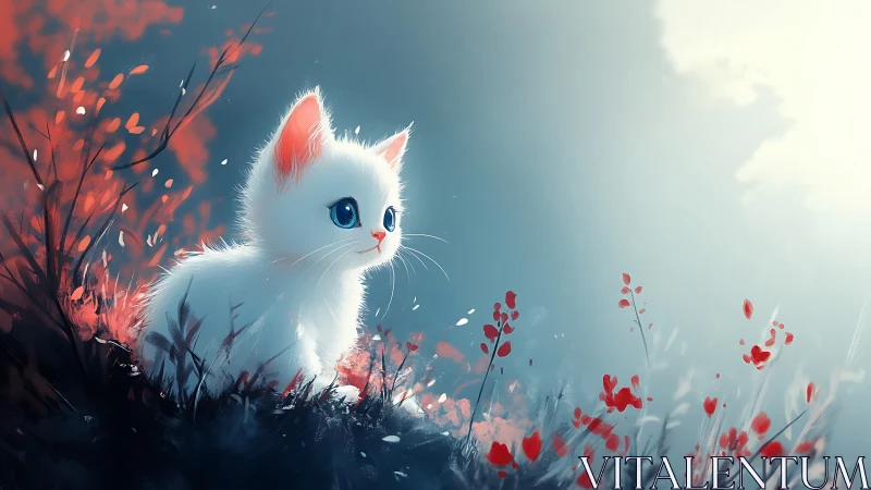 White Kitten Among Red Flowers at Sunset.