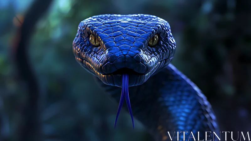Blue serpent close-up with glowing eyes and forked tongue.