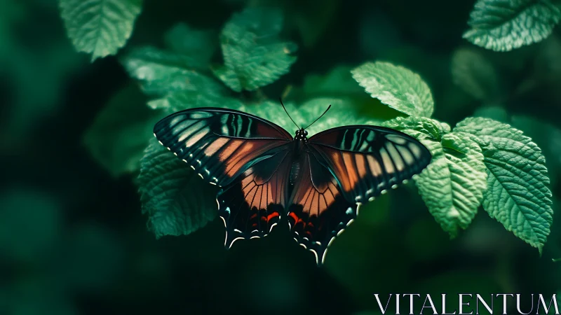 Butterfly with patterned wings resting on green foliage.