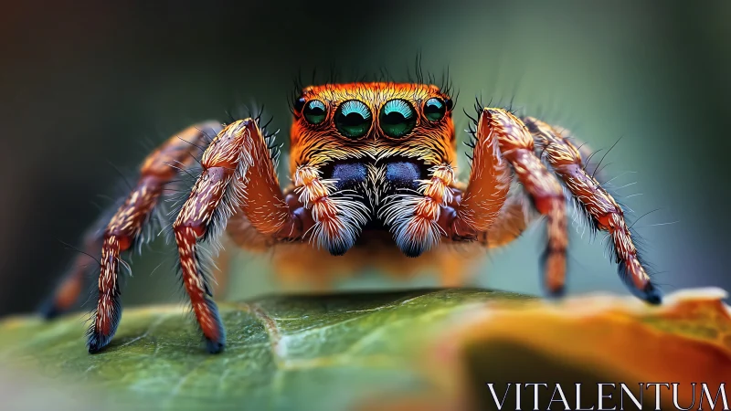 Macro frontal portrait of a vibrant jumping spider specimen.