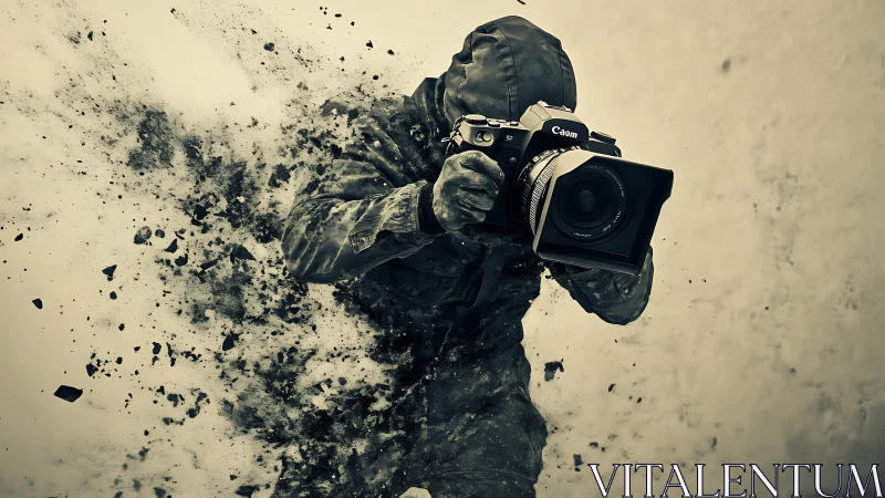 Digital painting of disintegrating action photographer figure.