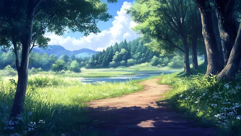 Sunlit River Path Through Ancient Trees and Wildflowers