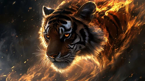Fiery tiger emerges from darkness with blazing, focused power