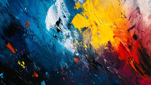Abstract Impasto Painting with Bold Yellow, Blue, and Red Strokes.