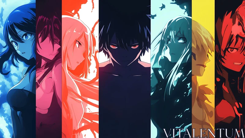 Chromatic anime ensemble divided by bold vertical light bands.