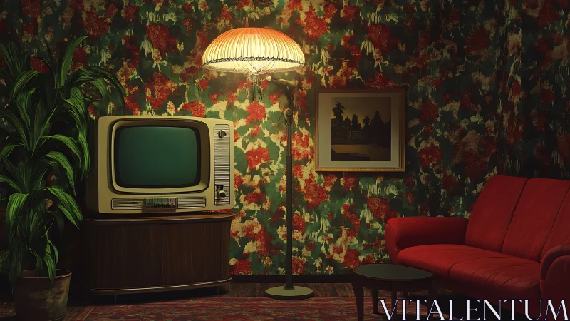 Retro living room glows under warm vintage lamplight.