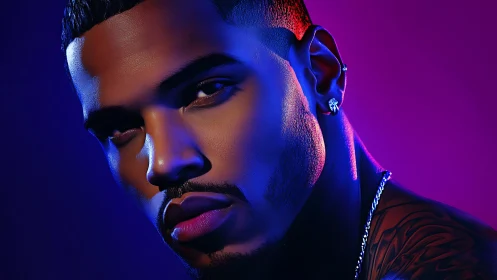 Neon-lit male portrait with intense gaze in vibrant color.