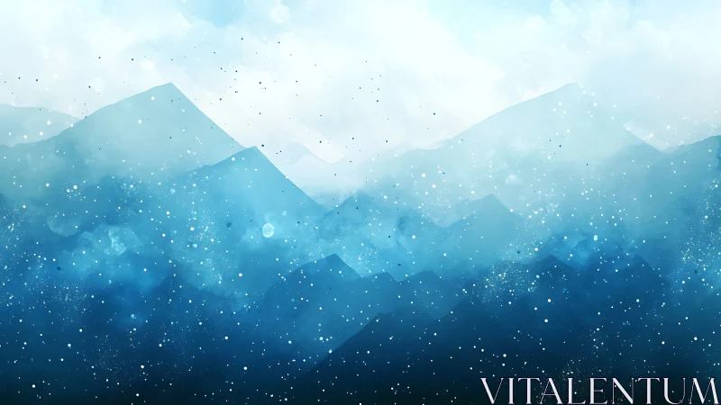 Layered blue mountain silhouettes in soft snowfall.