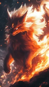 Fiery quadruped creature amid flowing flames and embers.