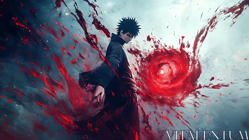 Dark anime sorcerer commands swirling red energy vortex.