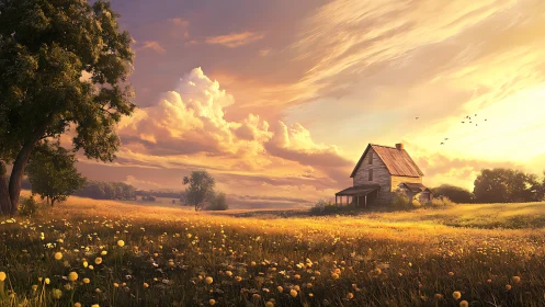 Sunlit country farmhouse resting in a golden wildflower field.