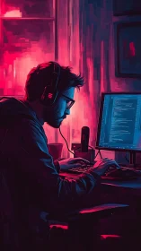 Neon-lit developer at workstation in stylized cyber studio.