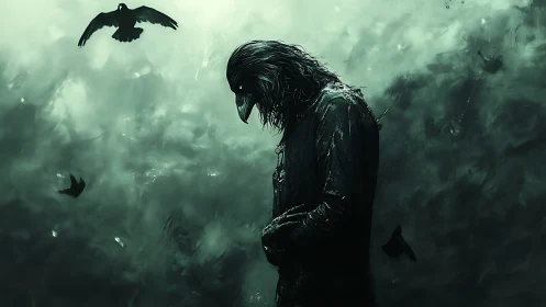 Corvid-headed figure in misty monochrome stormscape.